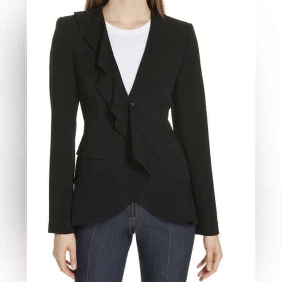 Cinq a Sept Lanier Black Ruffle Blazer 5 a 7 Jacket Snaps Pockets Women's Size 2 - Picture 2 of 10